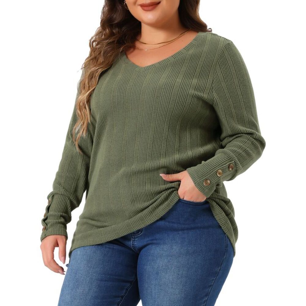 Plus Size V Neck Button Stretch Pullover Sweater Army Green